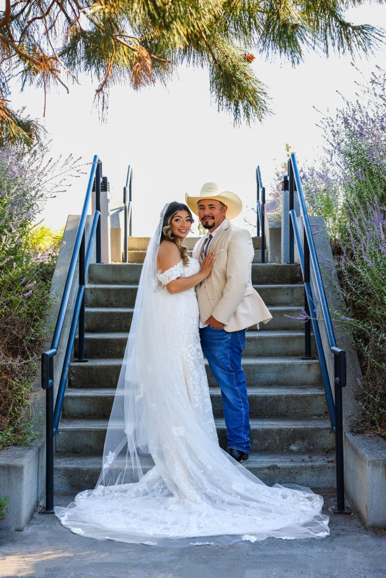 Bride and groom on stairs